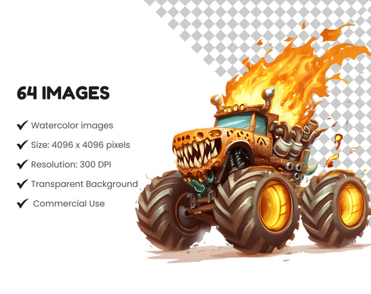 Watercolor Monster Truck Clipart Bundle, Racing Truck PNG (Digital Download)