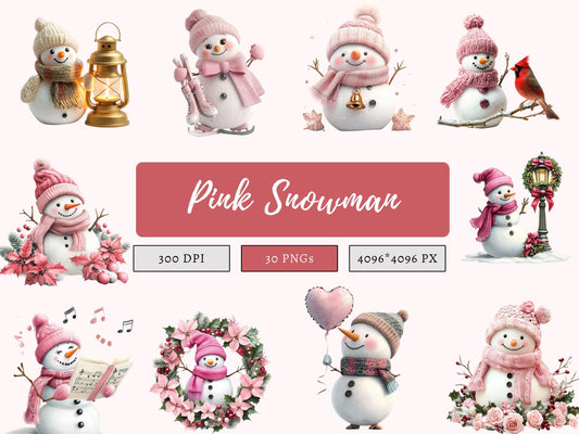 Pink Snowman Clipart png Bundle, Watercolor Snowman Clipart, Pink Snowman Clipart, Pink Christmas Clipart, Christmas Snowman Clipart