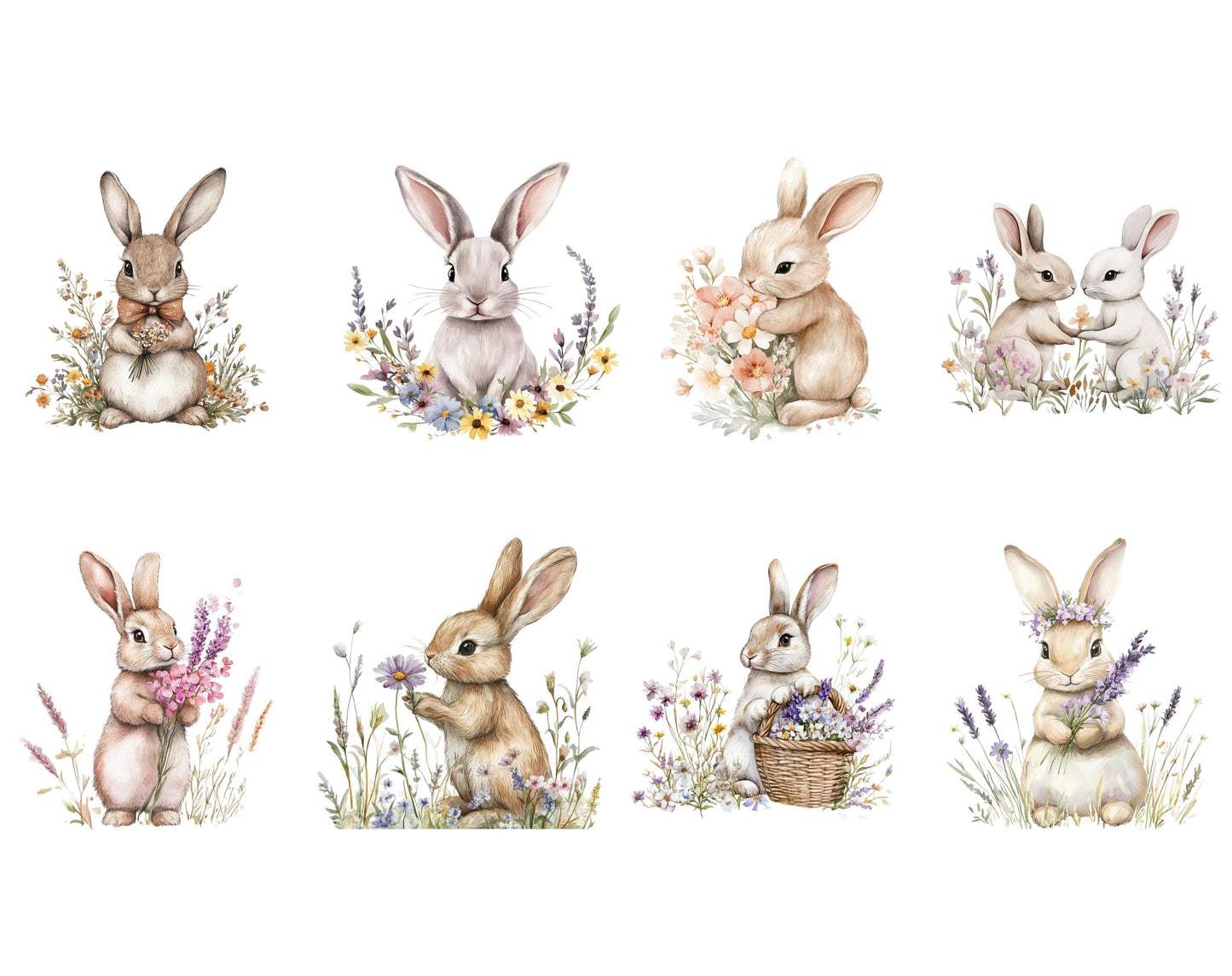 Watercolor Bunny Clipart Bundle, Floral Nursery Art (Digital Download)