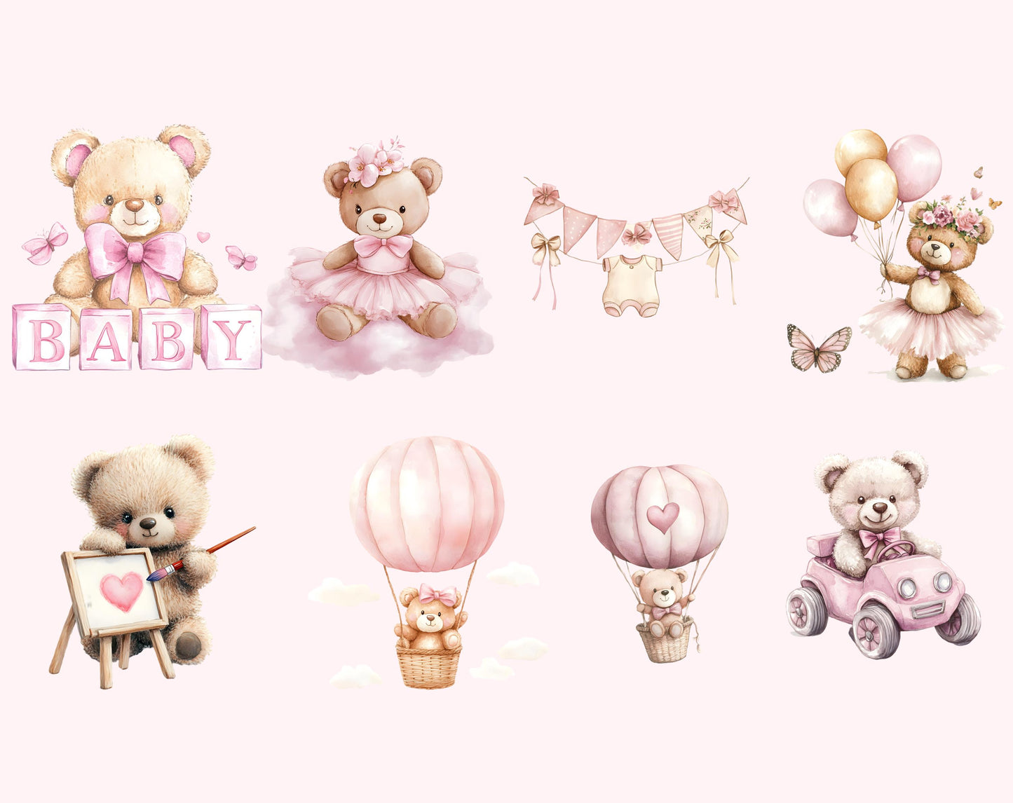Clipart-Bundle mit rosa Teddybären, Aquarell-Teddybären-Cliparts, Teddybär-PNG, niedlicher Teddybär, Teddybär-Cliparts für Babypartys