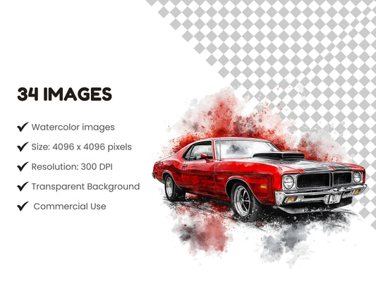 Watercolor Muscle Car Clipart Bundle, Classic Automotive PNG (Digital Download)