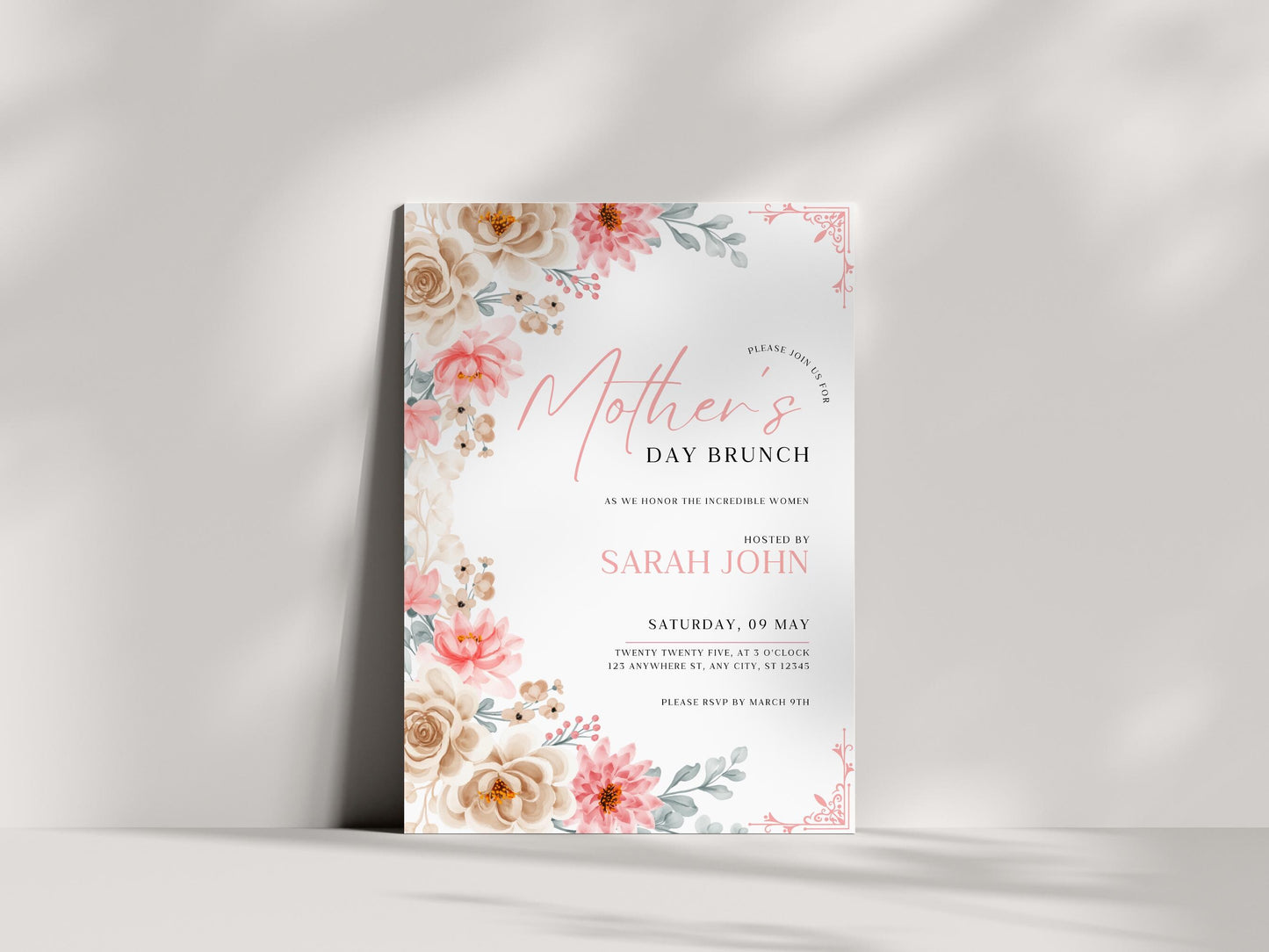 Floral Mother's Day Brunch Invitation Template (5x7, Canva Editable)