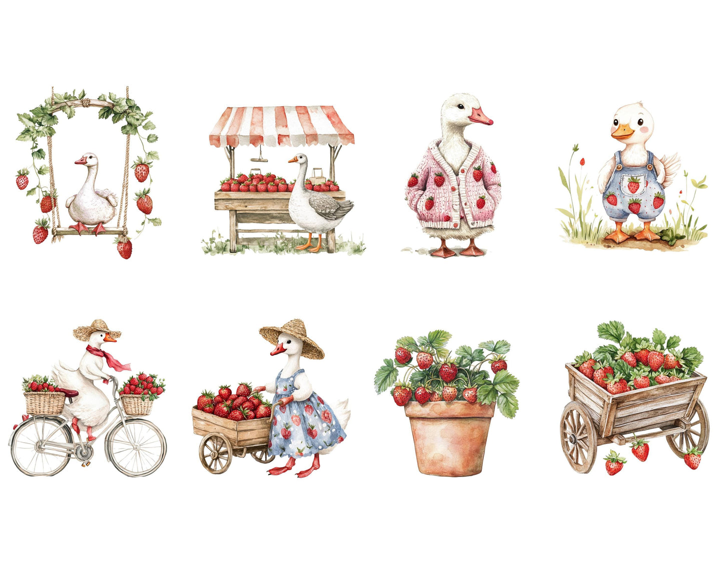 Strawberry Geese Clipart png Bundle, Cute Goose Clipart, Cute Geese Clipart png, Sweet Strawberry Goose Clipart, Strawberries Clipart