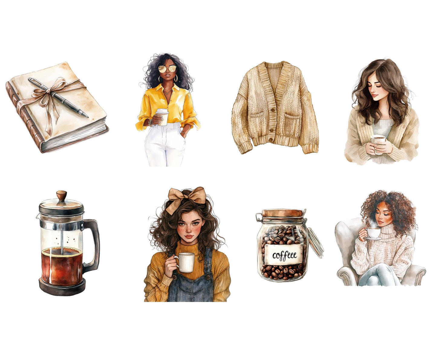 Coffee Lover Clipart Bundle, Watercolor Style (Digital Download)