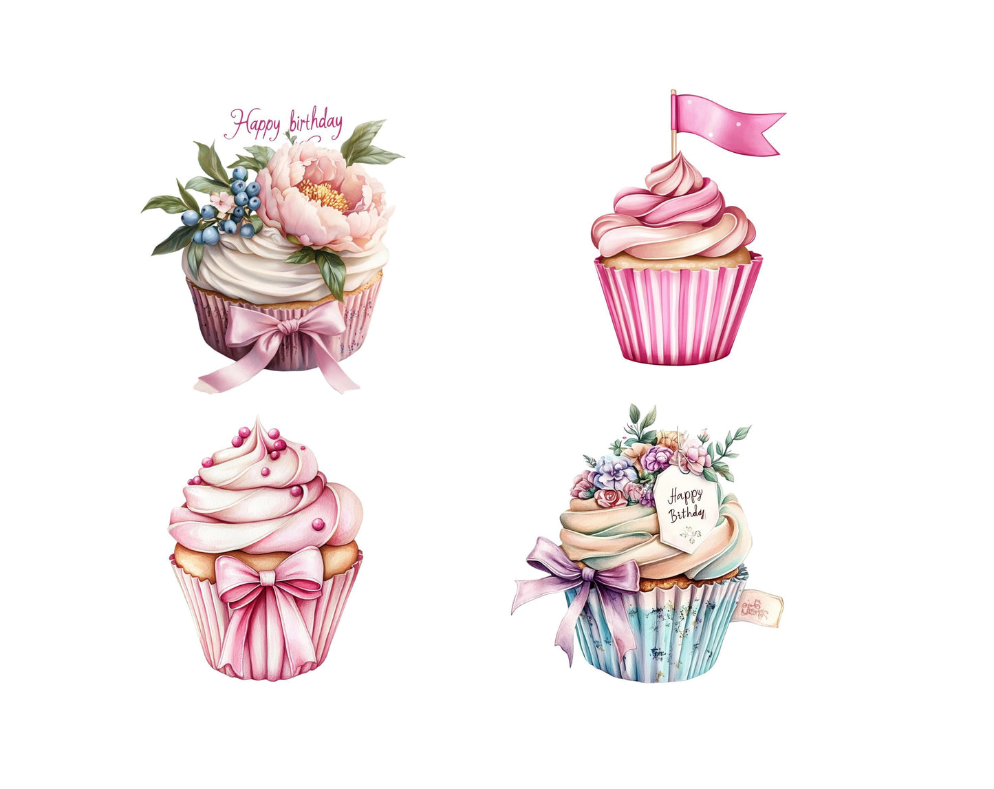 Watercolor Birthday Cupcake Clipart png Bundle, Birthday Cake Clipart, Cupcakes Clipart png, Cupcake png Bundle, Flower Cupcake Clipart