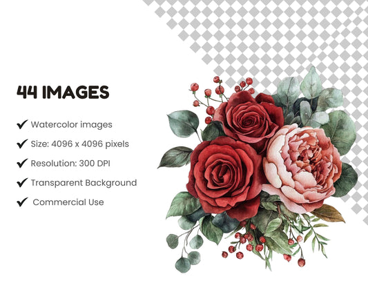 Red Rose Watercolor Clipart, Floral PNG (Digital Download)