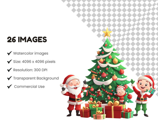 Watercolor Christmas Clipart Bundle png, Christmas Clipart Bundle, Merry Christmas Clipart, Watercolor Santa Claus Clipart, Christmas Tree