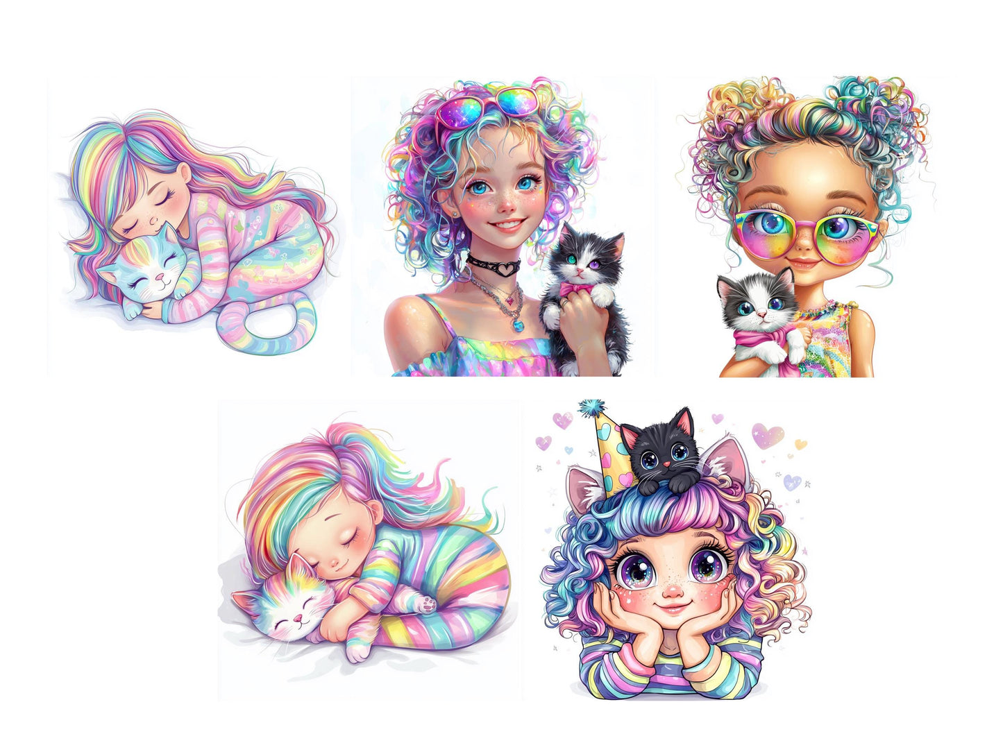 Girl With Kitten Clipart, Quirky Girl Clipart, Girl With Cat Clipart, Quirky Girl png, Whimsical Girl Clipart, Curli Hair Girl Clipart png