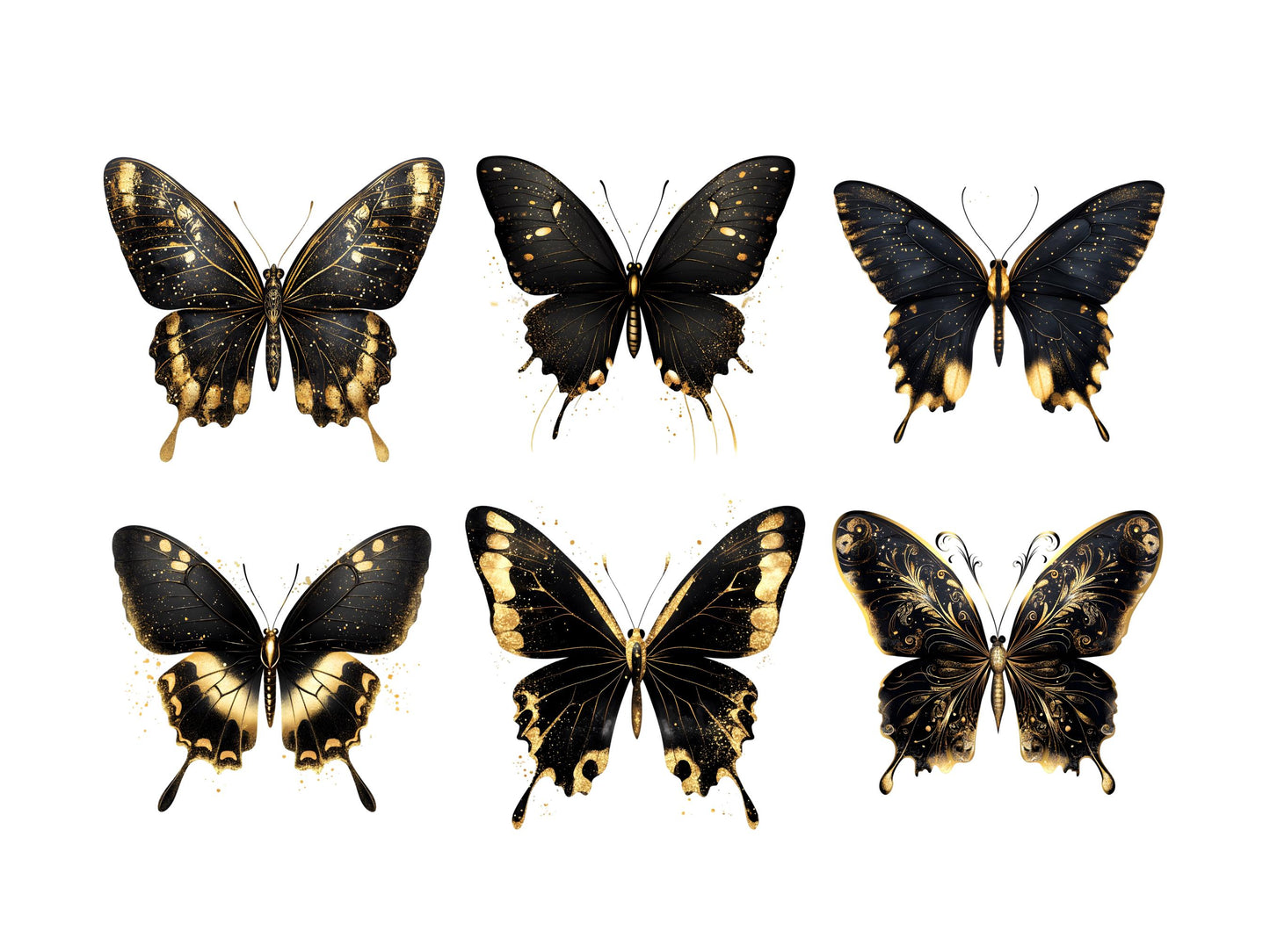 Schmetterlings-Cliparts in Schwarz und Gold, Schmetterlings-Clipart-Bundle (PNG), Aquarell-Schmetterlings-Cliparts, goldene, funkelnde Schmetterlings-Cliparts