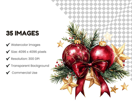 Watercolor Christmas Decor Clipart Bundle png, Christmas Decoration Clipart, Christmas Ornaments Clipart, Merry Christmas png, Ornaments png