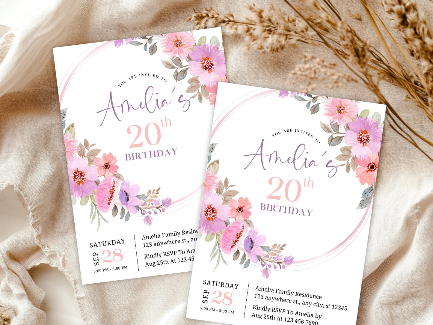 Floral 20th Birthday Invitation Template, Pink Flowers (Instant Download)