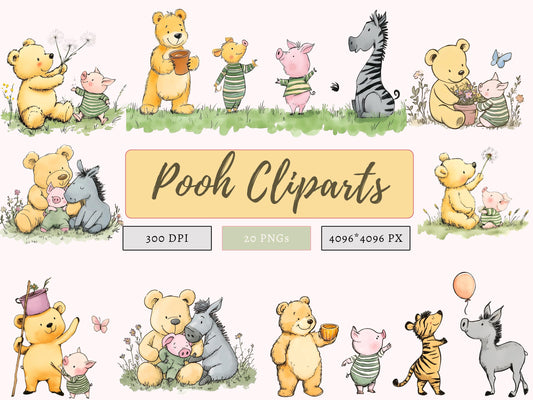 Winnie The Pooh Clipart, Pooh Clipart Bundle, Pooh And Friends Clipart, Classic Winnie The Pooh, Pooh png, Pooh Party Décor Pooh Digital png