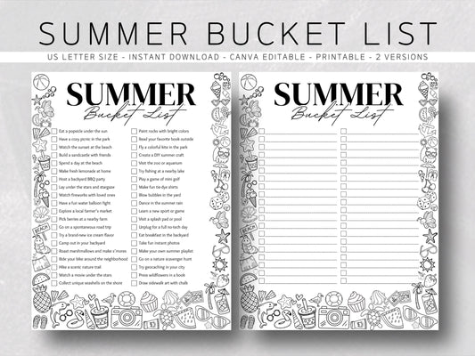 Summer Bucket List Printable: Fun Activities for Kids (Canva Template, US Letter Size)