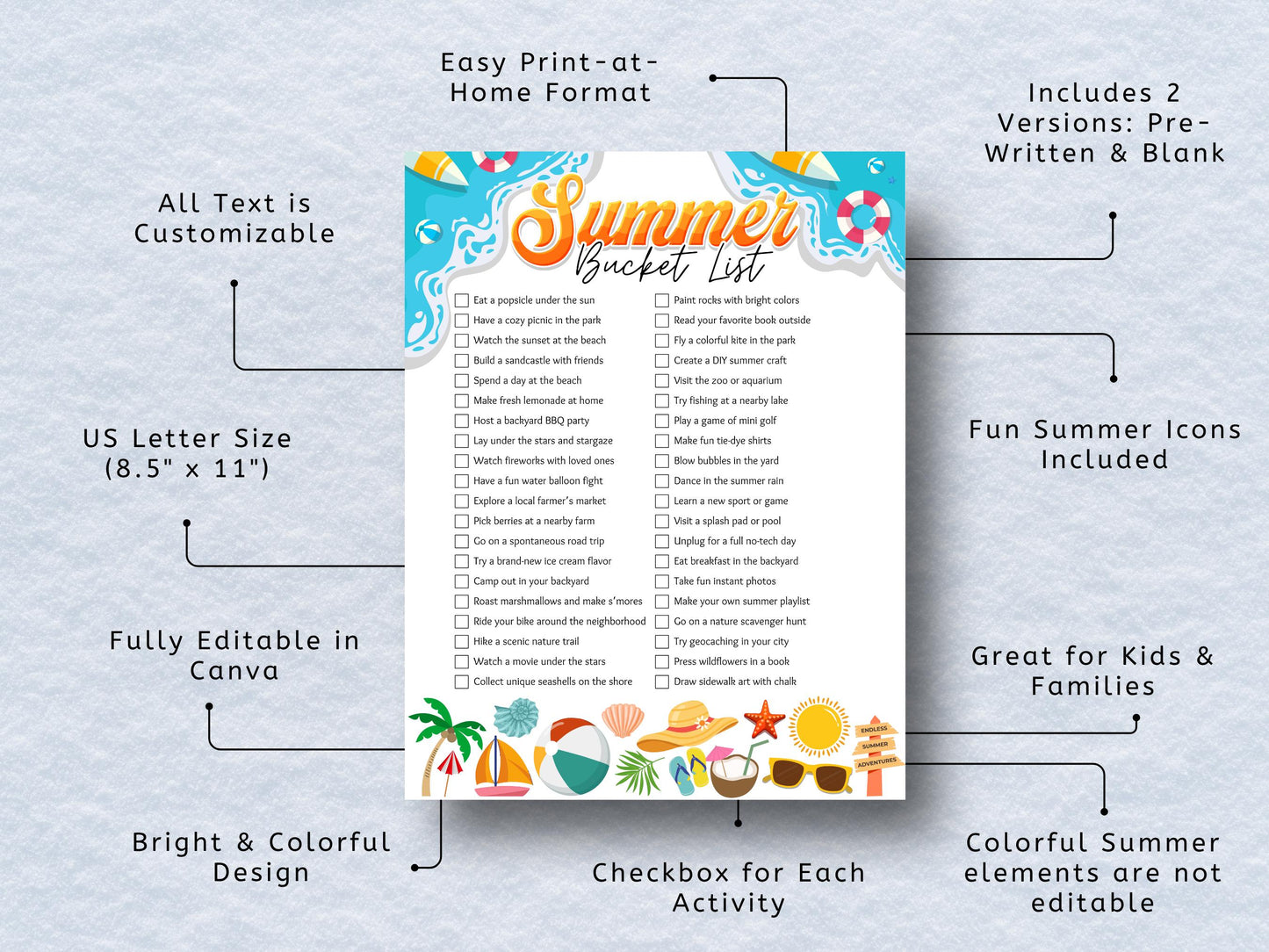 Summer Bucket List Printable: Fun Family Activities - Canva Template