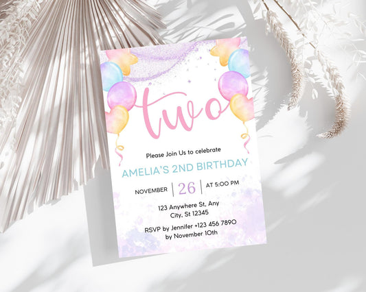 Pastel Balloon Girl 2nd Birthday Invitation: Editable Canva Template