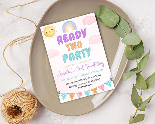 Rainbow 2nd Birthday Invitation: Editable Girl Party Template (Digital Download