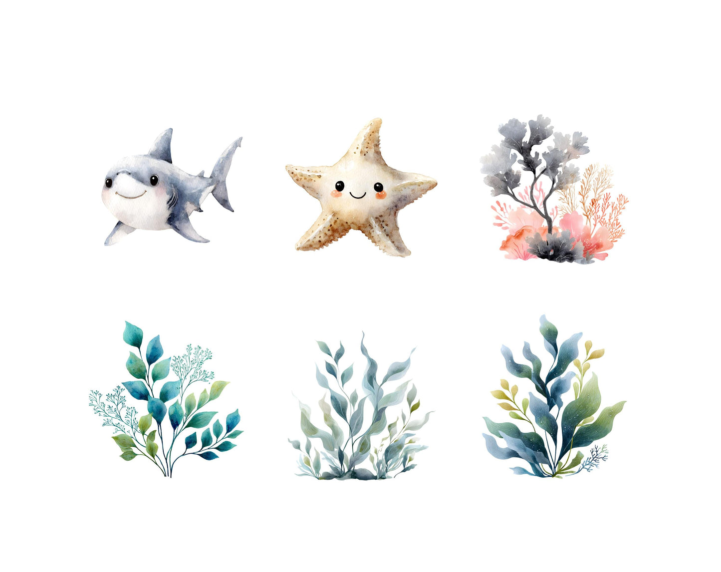Aquarell-Clipart-Bundle mit Meerestieren, niedliche Meerestier-Clipart (PNG), Meereslebewesen-Clipart, Unterwasser-Clipart, Unterwasser-Clipart (PNG)