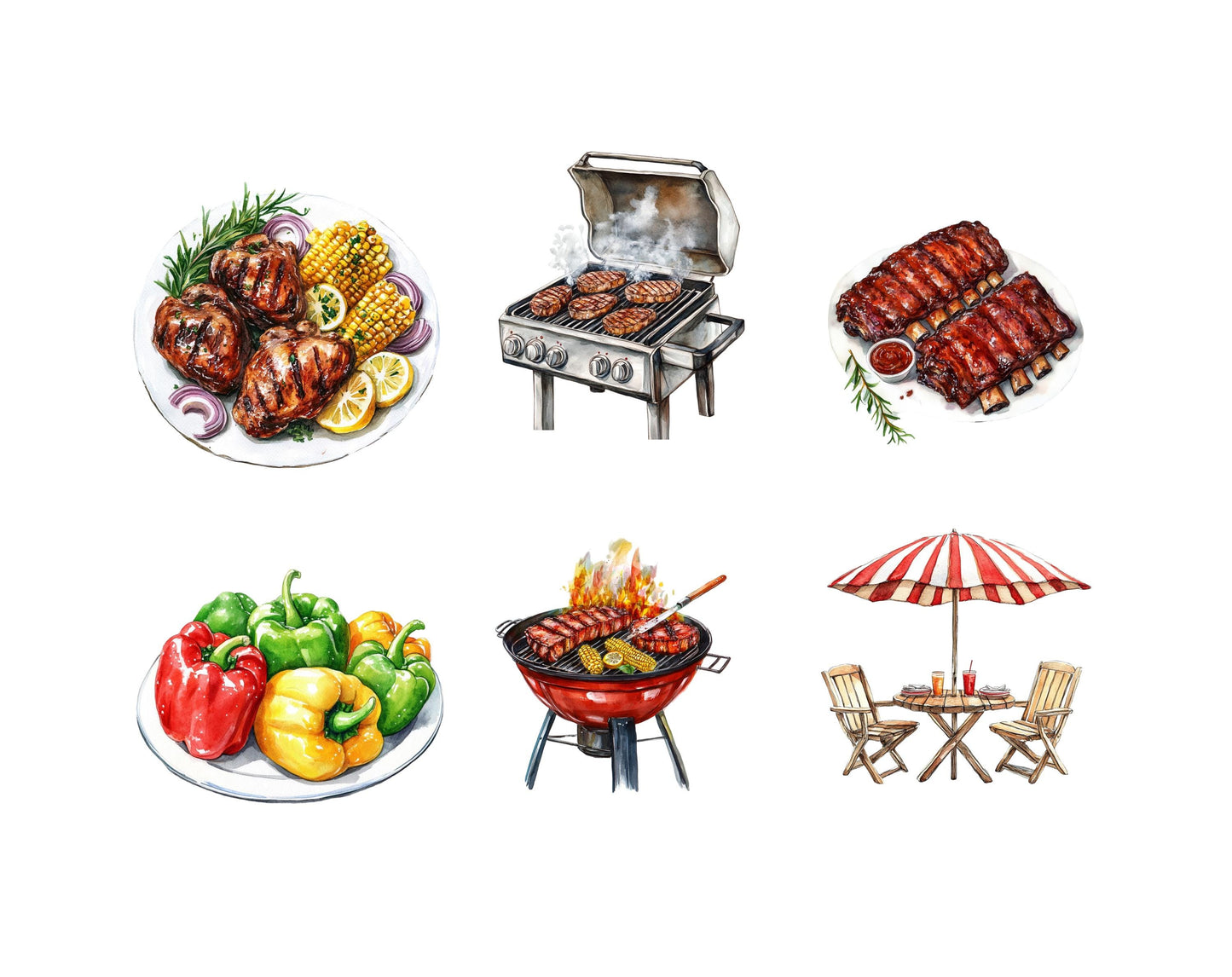 Grill-Clipart-Bundle (PNG), Aquarell-Grill-Clipart (PNG), BBQ-Clipart, Lebensmittel-Clipart, Grillgrafiken, Sofort-Download