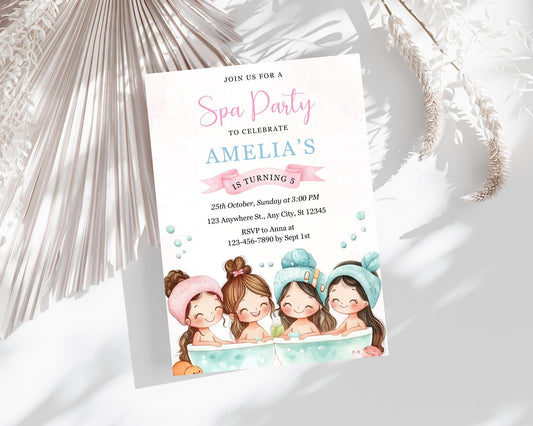 Spa Party Invitation Template: Customizable Birthday Invite (Digital Download, 5x7in PDF file)