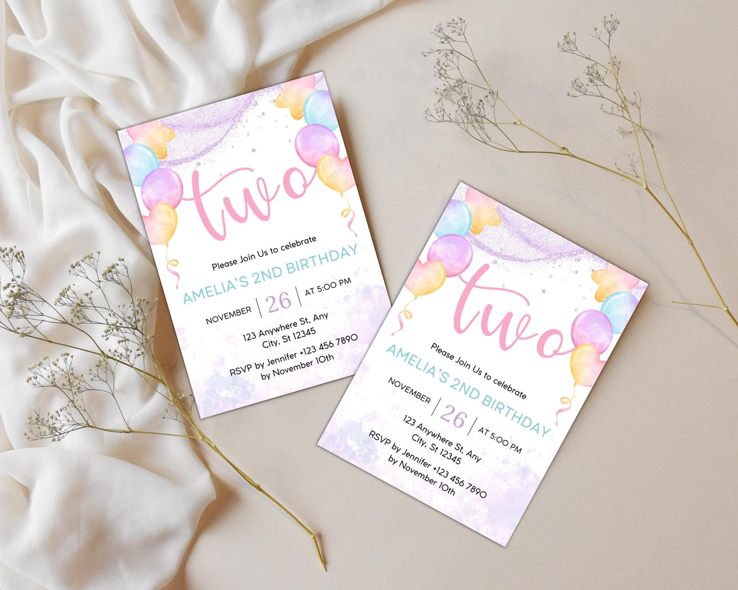 Einladung zum 2. Geburtstag eines Mädchens mit pastellfarbenen Ballons: Bearbeitbare Canva-Vorlage