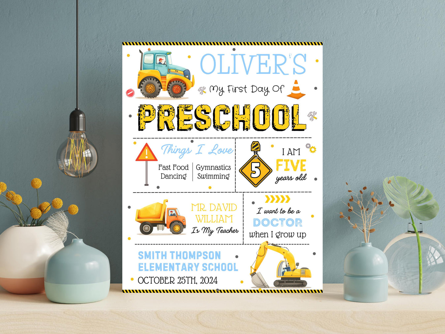 Construction First Day of School Sign: Editable Chalkboard Poster (Digital Download)