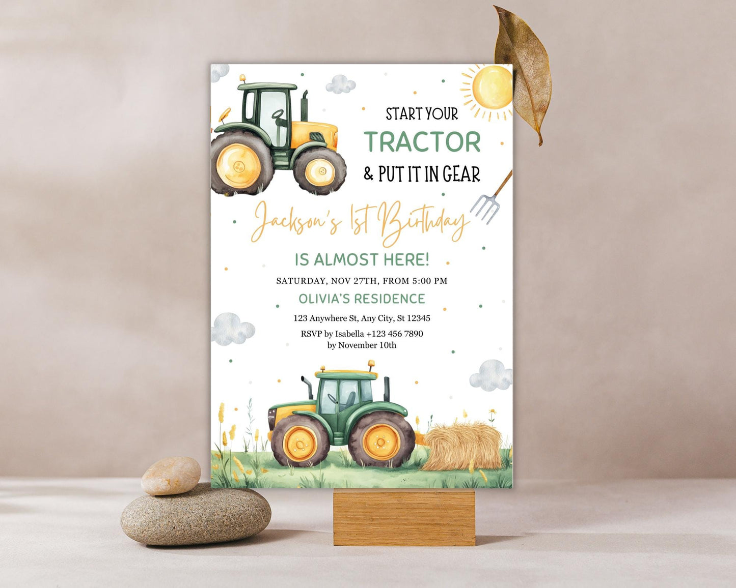 Green Tractor Birthday Invitation, Farm Party, Editable Canva Template (Digital Download)