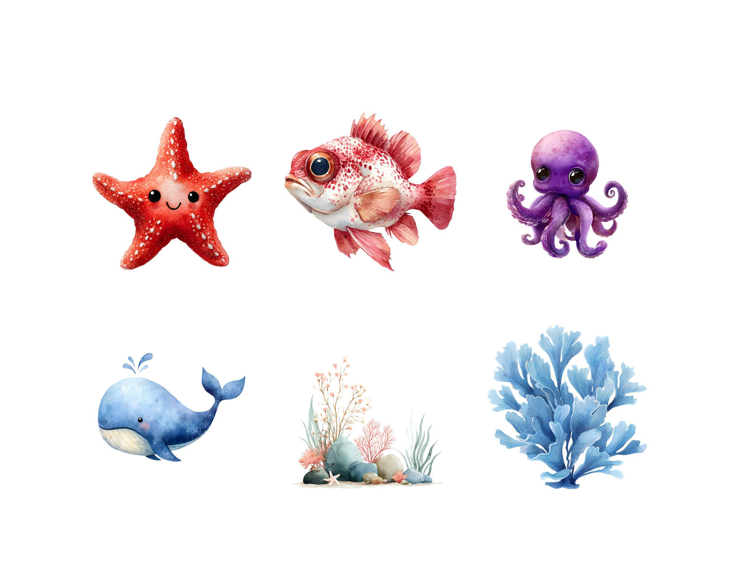 Aquarell-Meerestiere-Clipart (PNG), Niedliches Meerestiere-Clipart-Bundle (PNG), Unterwasserwelt-Clipart, Meerestiere-Clipart (PNG), Niedliche Ozeantiere (PNG)