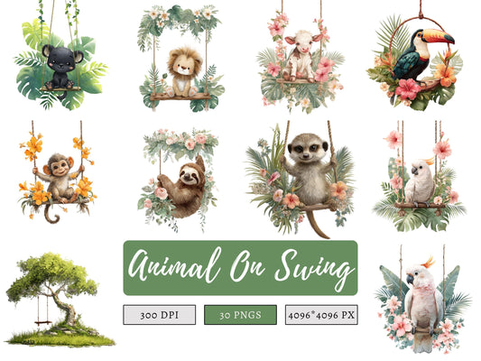 Baby Animal Swing Clipart, Cute Baby Animal On Swings Clipart, Safari Animal Clipart, Cute Baby Animal Clipart, Animals On Swings Clipart