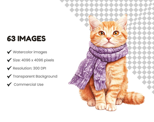 Classic Cat Clipart Bundle, Classic Cat png, Watercolor Pet Clipart, Cute Cat Clipart, Cat png, Holiday Elements Clipart, Instant Download
