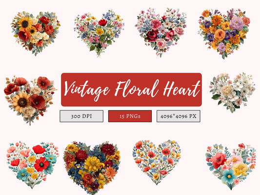 Vintage Floral Heart Clipart Bundle, Watercolor Floral Heart Clipart, Heart png, Valentine Heart Clipart, Instant Download
