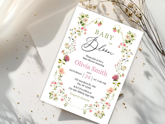 Floral Baby Shower Invitation, Vintage Floral Baby Shower Invite, Chinoiserie Hand Drawn Baby Shower Template, Green Floral Baby Shower