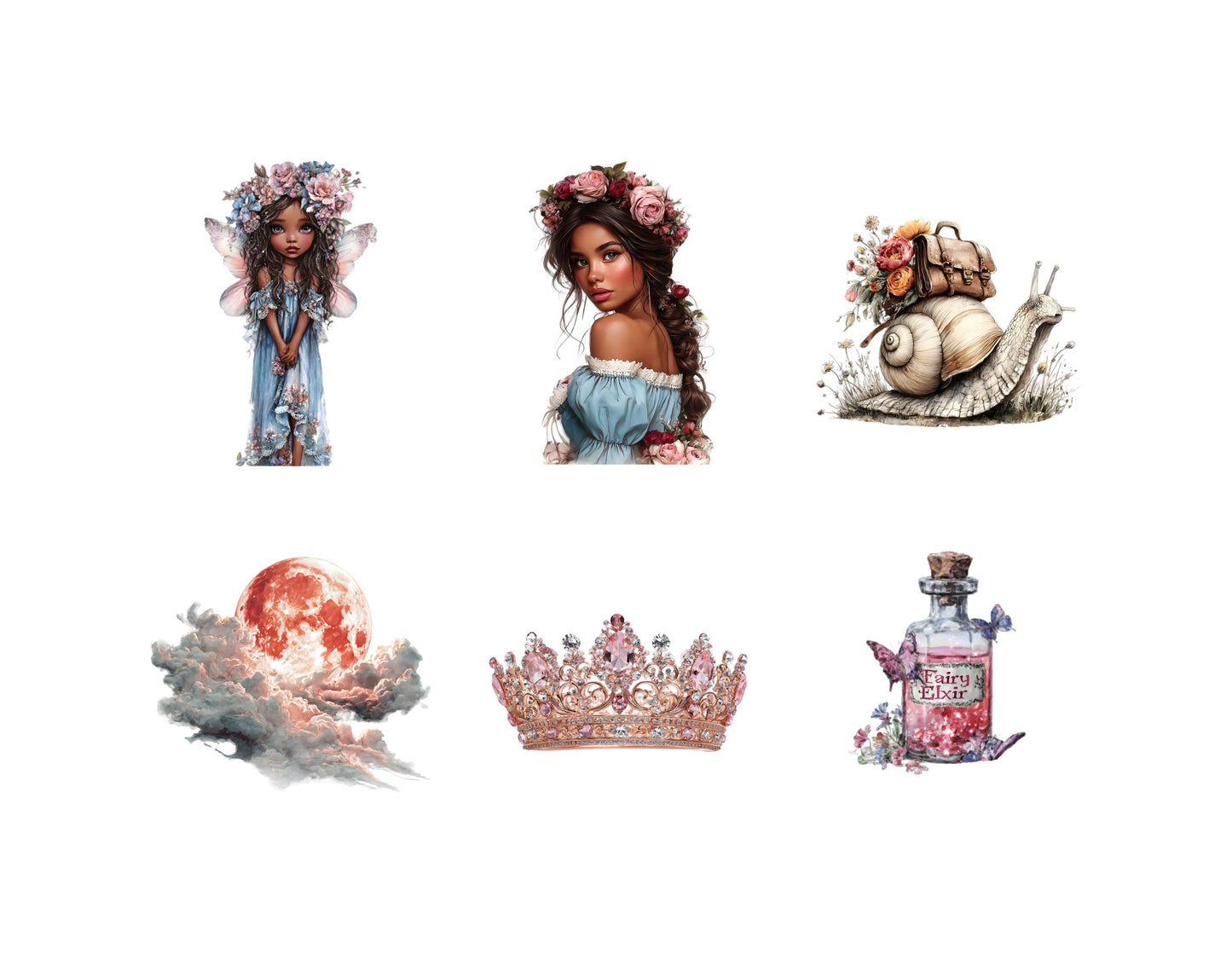 Gartenfeen-Clipart-Bundle (PNG), Aquarell-Feen-Clipart-Set, Wald-Designelemente-Clipart, kommerzielle Nutzung, digitaler Download