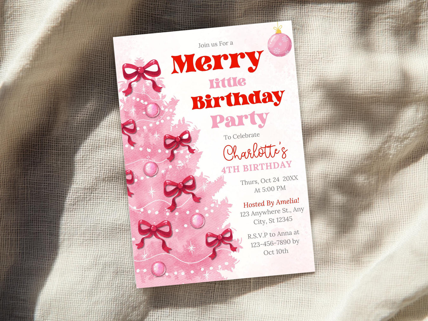 Editable Pink Christmas Merry Little Birthday Girl Invitation, Holiday Party Invite, Pink Coquette Christmas Birthday Invite