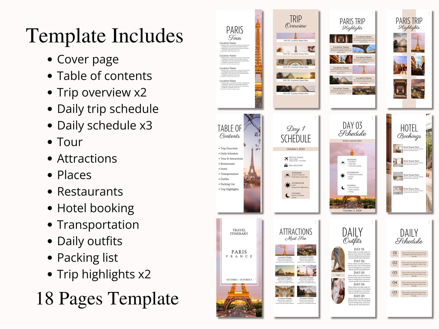 France Travel Itinerary Template | Mobile Trip Planner | Editable Canva Digital Planner