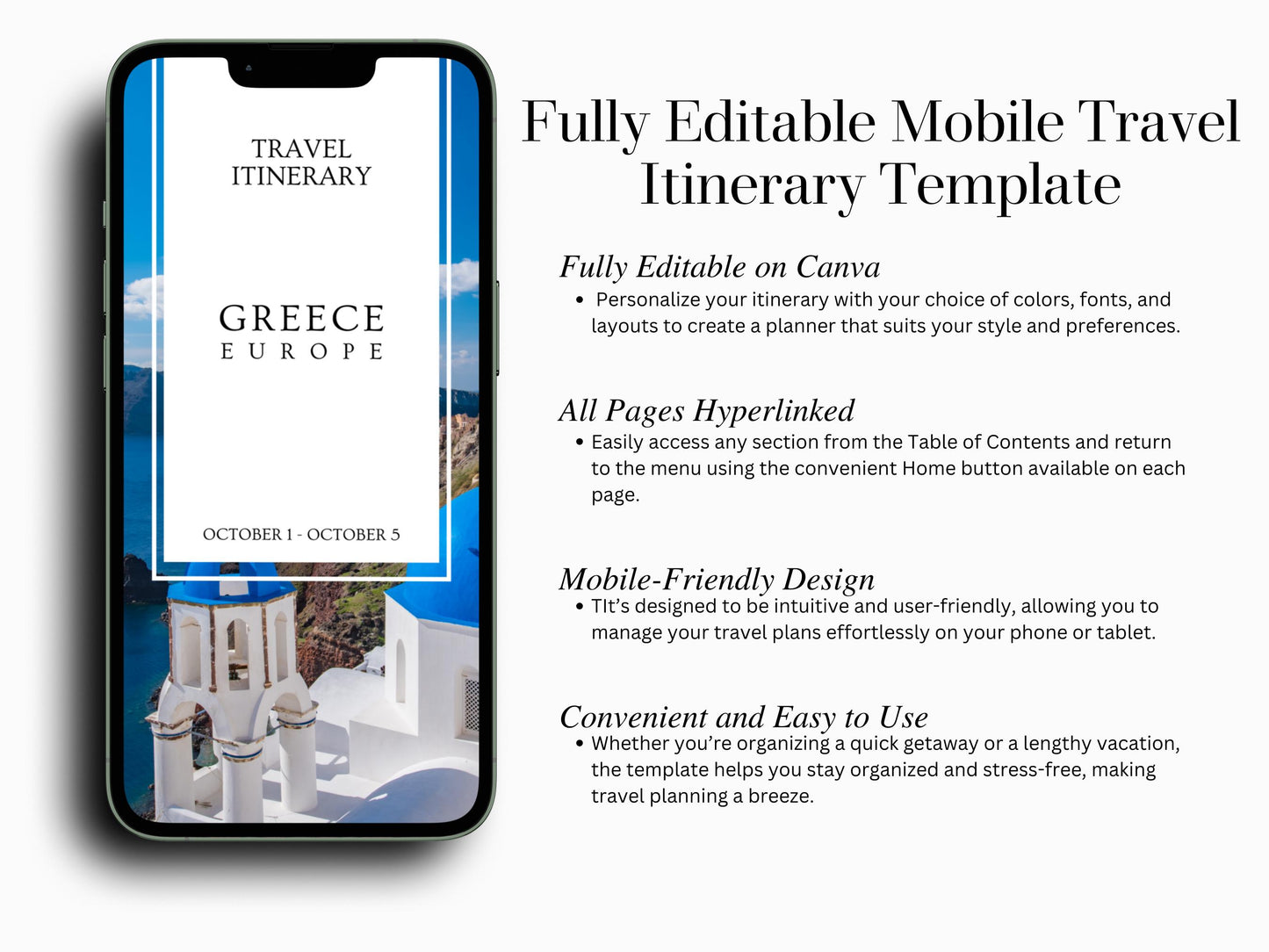 Greece Travel Itinerary Template | Mobile Trip Planner | Editable Canva Digital Planner