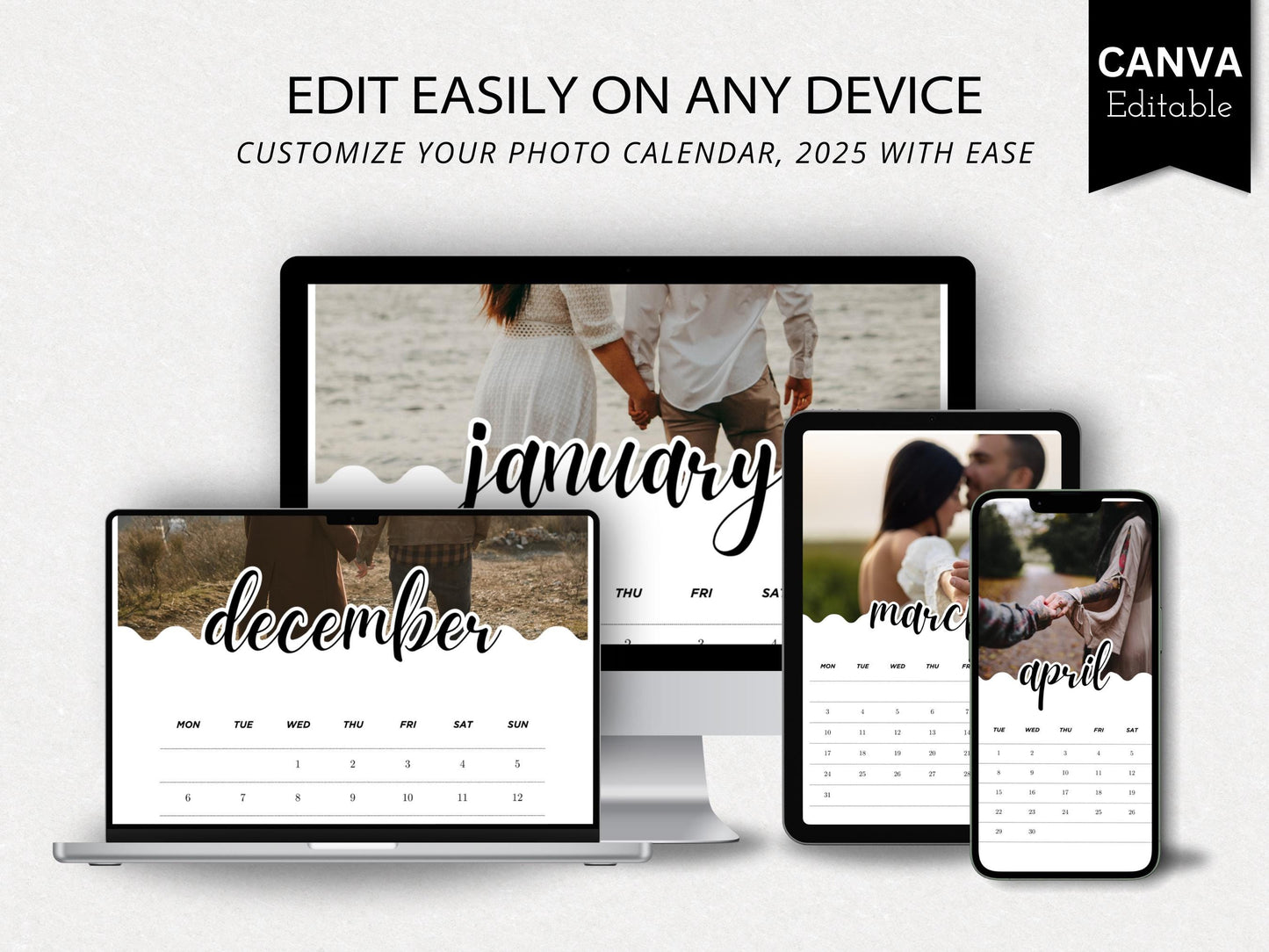 2026 Monthly Photo Calendar Template Custom, Canva Editable Printable, Minimalist Design, Drag & Drop
