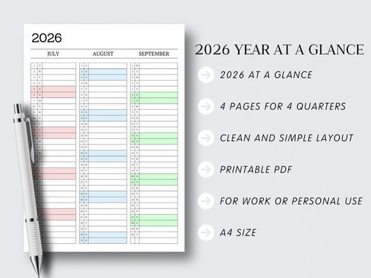2026 Yearly Calendar Printable | Minimalist 12-Month Calendar | A4 PDF | Vertical Monthly Layout | Instant Download