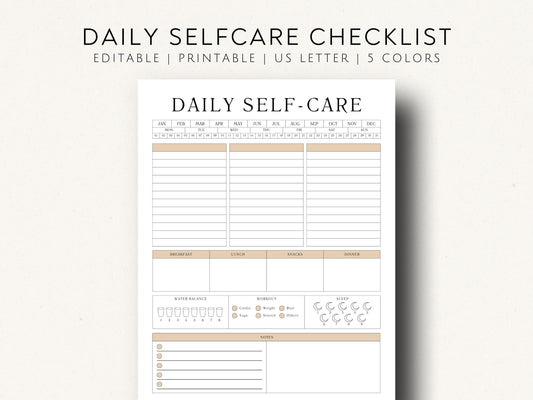 Self Care Checklist, boho color palette, Organise Your Daily Routine, US Letter Size