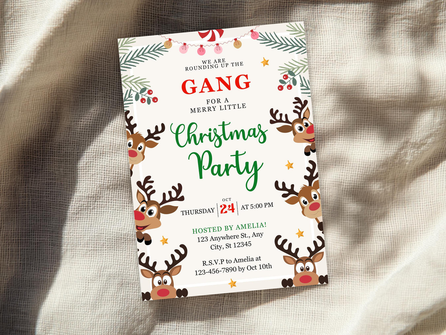 Einladungsvorlage für eine Rentier-Weihnachtsfeier, bearbeitbare Einladung zur Rentier-Weihnachtsfeier, Einladung zur Rentier-Party, Weihnachtsfeier