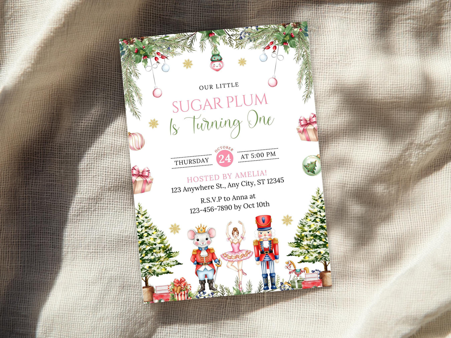 Editable Nutcracker Birthday Invitation, Sugar Plum Fairy, Winter Birthday, Christmas Birthday Invite, Digital Download