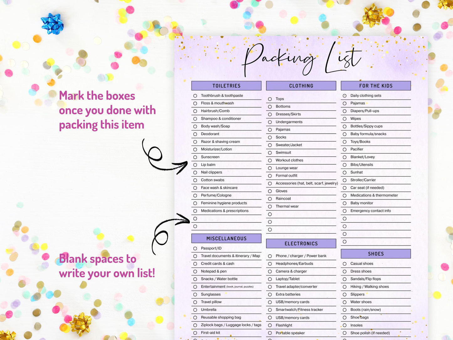Packing List Template Printable, Editable Pack List, Vacation Packing List, Packing Checklist, Packing List Planner, Kids Packing List