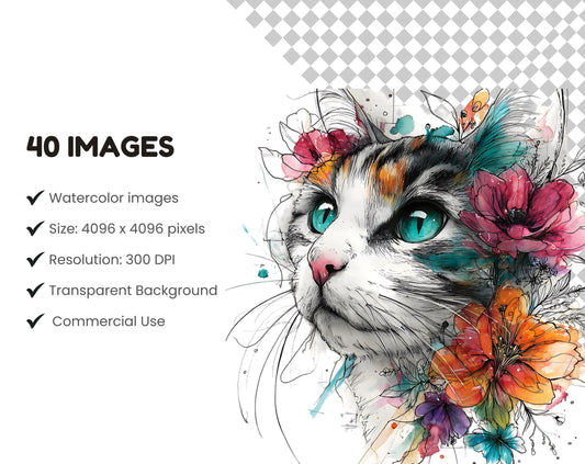 Watercolor Floral Cat Clipart Bundle, Abstract Flower Cat png, Whimsical Cat png, Cute Floral Cat Clipart, Printable, Digital Download