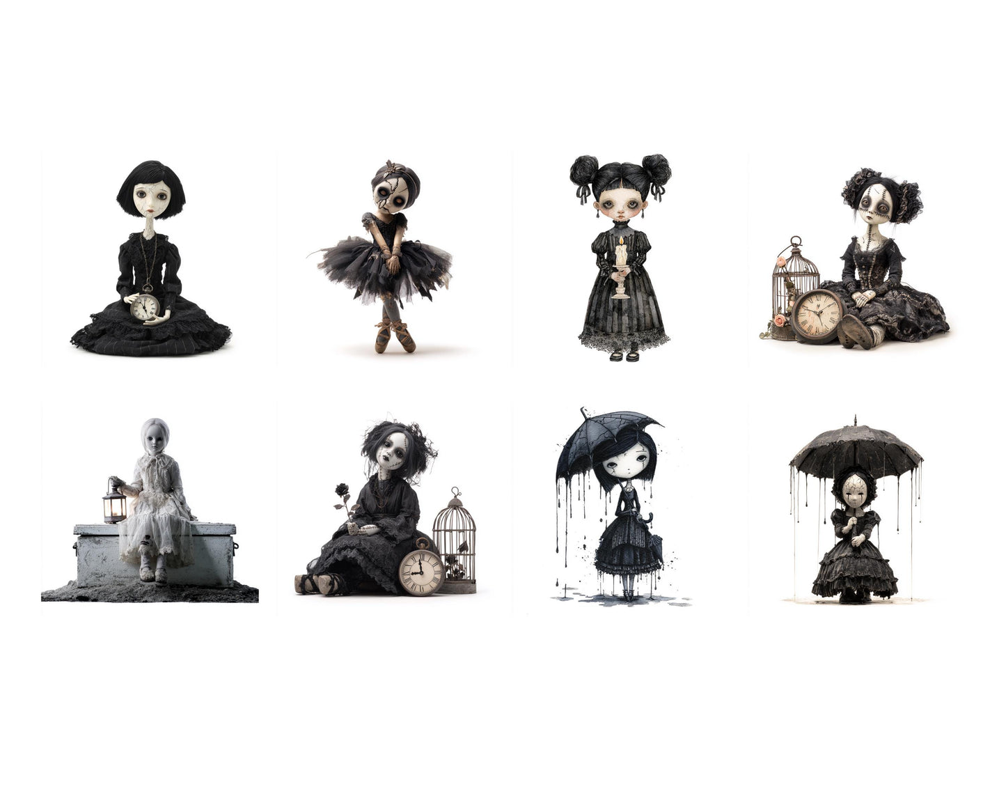 Vintage-Gruselpuppen-Clipart-Bundle, Gothic-Gruselpuppen-Clipart im Vintage-Stil, Gruselpuppen-PNG, Gothic-Clipart, Kommerzielle Nutzung, Digitaler Download