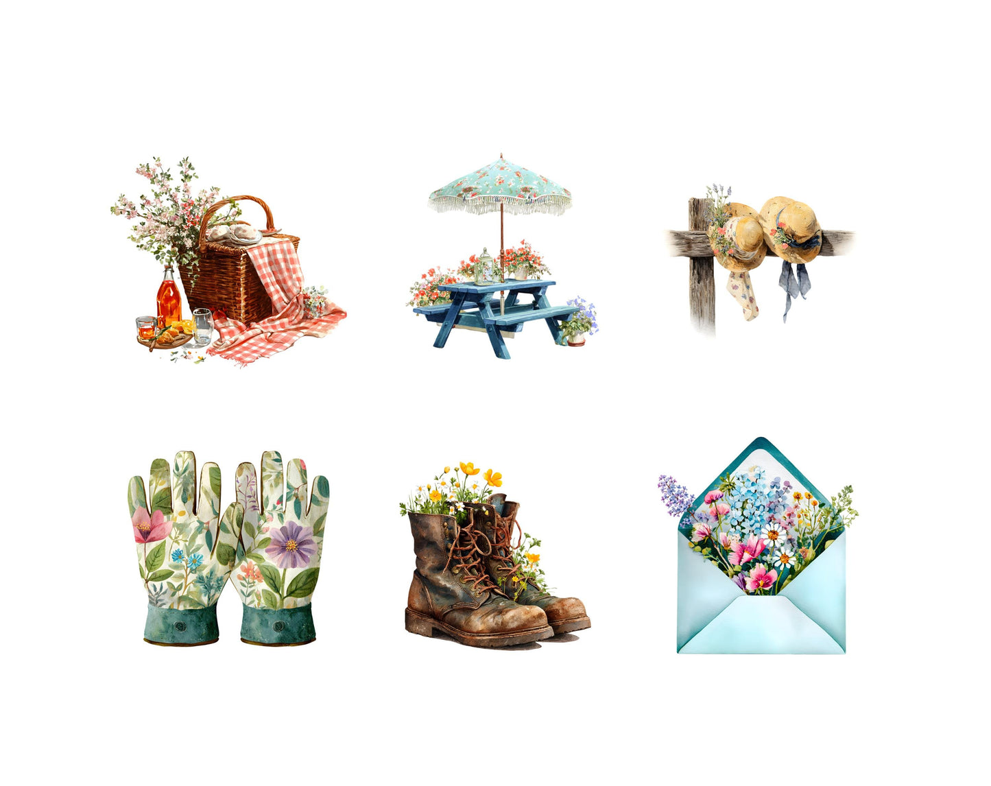 Aquarell-Frühlings-Clipart-Megapaket, Blumenillustrationen, Fahrrad und blühende Blumen, Garten- und Landhaus-Clipart, Frühlingsblumen-PNG