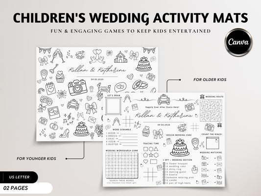 Personalized Wedding Activity Placemat, Kids Coloring Pages (Printable PDF, Editable in Canva)