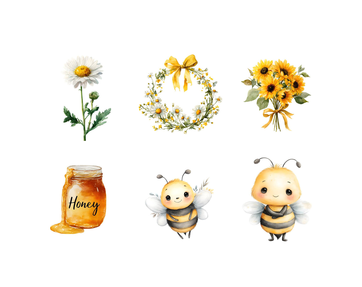65 Bee Clipart Bundle, Watercolor Bee png Bundle, Floral Wreath, Honey Bee Clipart Set, Honeycomb png, Digital Download