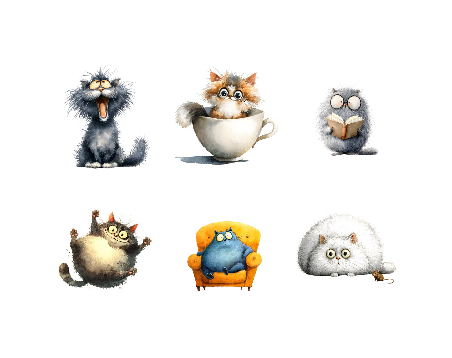 Lustige Katzen-Cliparts im Aquarellstil, niedliche Katzen-PNGs, Katzengrafiken, kommerzielle Nutzung, digitaler Download