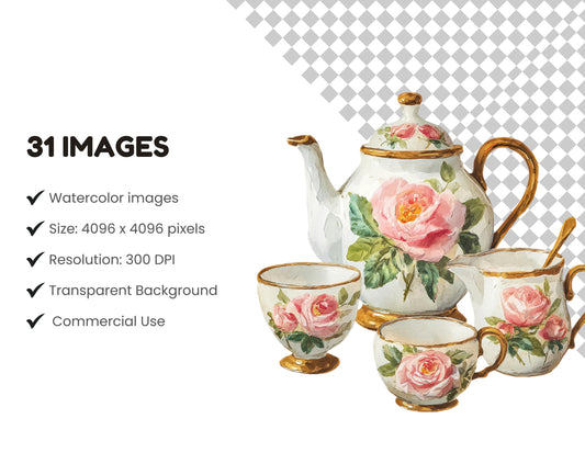 31 Vintage Tea Set Clipart, Watercolor Floral Tea Set Clipart Bundle, Floral Porcelain Set png, Hight Quality PNGs, Paper Craft, Journals