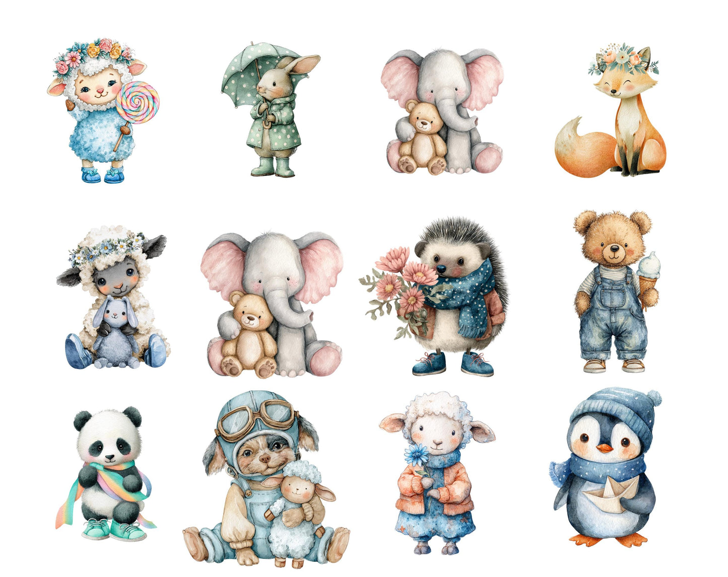 51 Nursery Animals Clipart Bundle, Watercolor Baby Animals png, Baby Bear, Sheep, Adorable Woodland And Farm Animals Clipart, Nursery Art