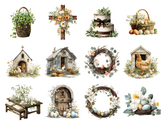 65 Rustic Easter Clipart Bundle, Easter Basket Clipart, Watercolor Vintage Easter Bunny png, Boho Easter Clipart Set, Easter Village png